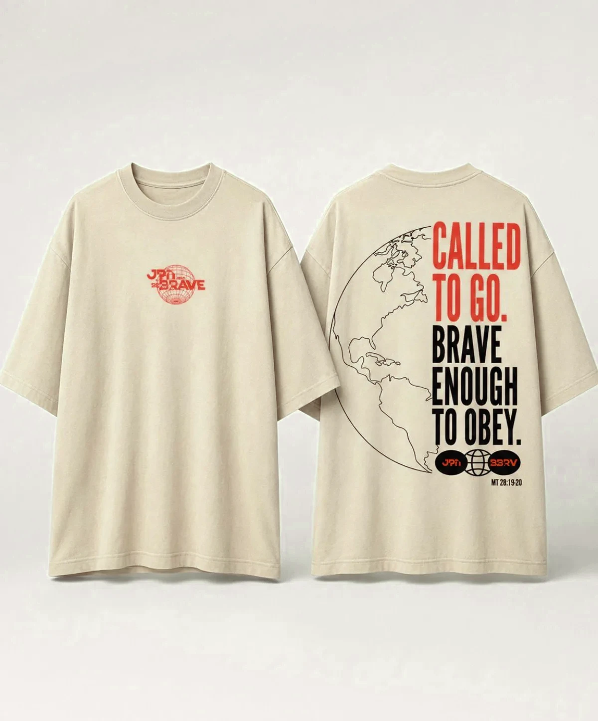 Camiseta oficial Be Brave + JPN 2026 na cor Areia, frente e costas